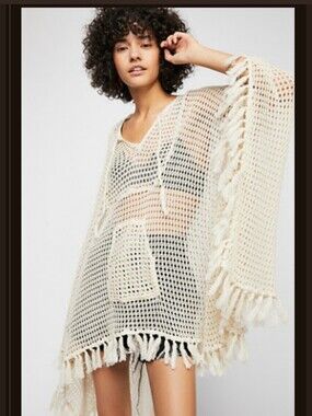 Free People Open-Knit Fringe Crochet Poncho